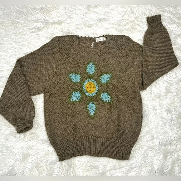 Mu Fashion Women's Floral Sunflower Sweater Olive Green Balloon Sleeves - Picture 1 of 10